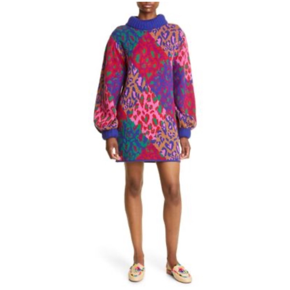 FARM Rio Mixed Leopard Pop Long Sleeve Sweater Dress 🐆💚💖